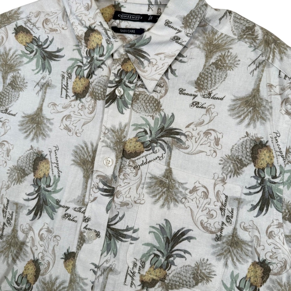 Consensus Pineapple Tropical Linen Rayon Blend Button Up Short Sleeve Shirt L